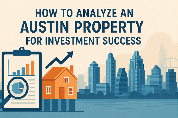 Austin skyline with house, charts, and investment icons.