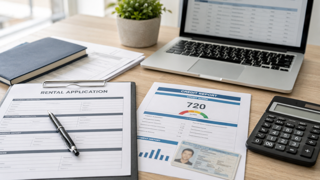 a rental application and credit score documents with an open laptop